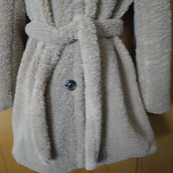 Women's Medium Dark Beige Hooded Belted Soft Mid Length Coat/Jacket READ - Picture 3 of 5